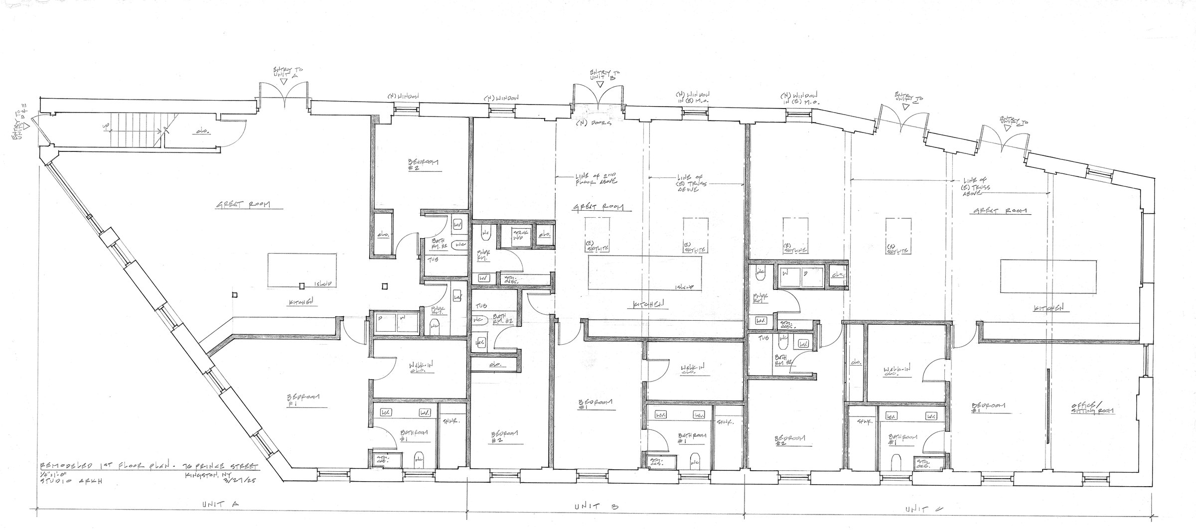 Proposed first-floor plan showing units A, B and C